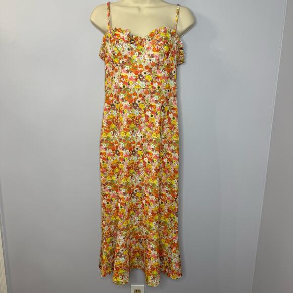 Anthropologie Hutch Bustier Sweetheart Midi Dress Floral Ruffle Orange Women's S - Picture 2 of 15